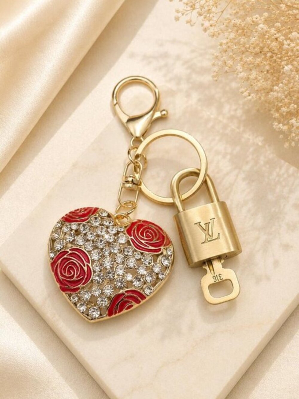 Louis Vuitton Authentic Gold Padlock 🔒Key + Unbranded Heart Keychain Bag Charm
